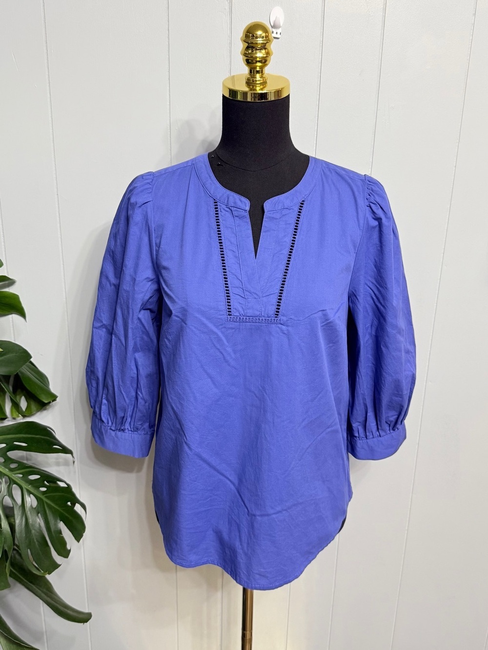 #12)  St. John's Bay 100% Cotton Violet-Blue Split V-Neck Puff Sleeve Blouse